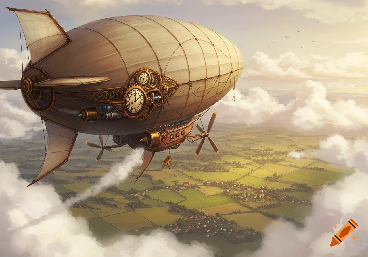 A detailed steampunk airship with prominent clockwork mechanisms flies over a sunny, cloud-covered rural landscape with small towns.