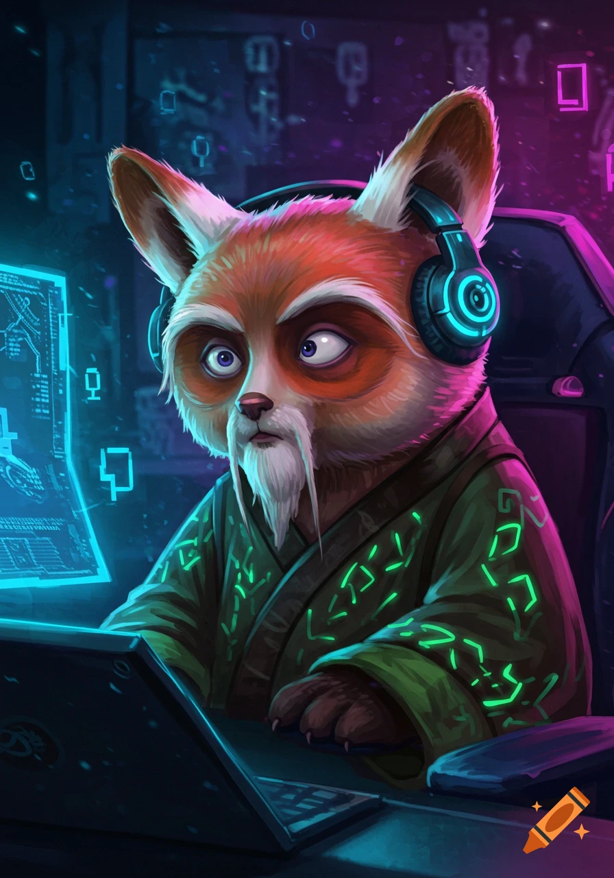 A stylized red panda character with a white beard and headphones intently watches a glowing computer screen in a neon-lit room.