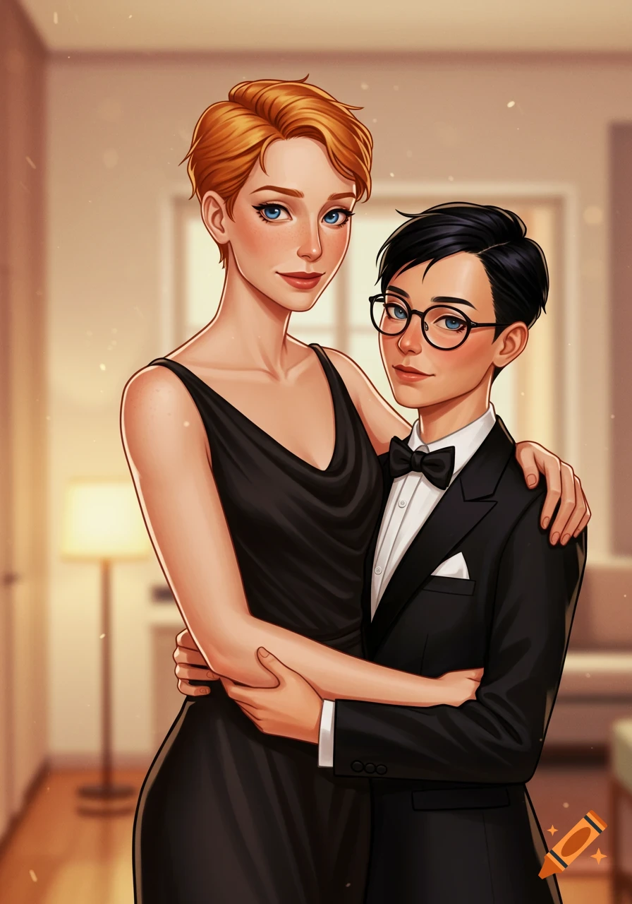 Digital illustration of two women embracing, one with red hair in a black dress, the other with black hair and glasses in a tuxedo.