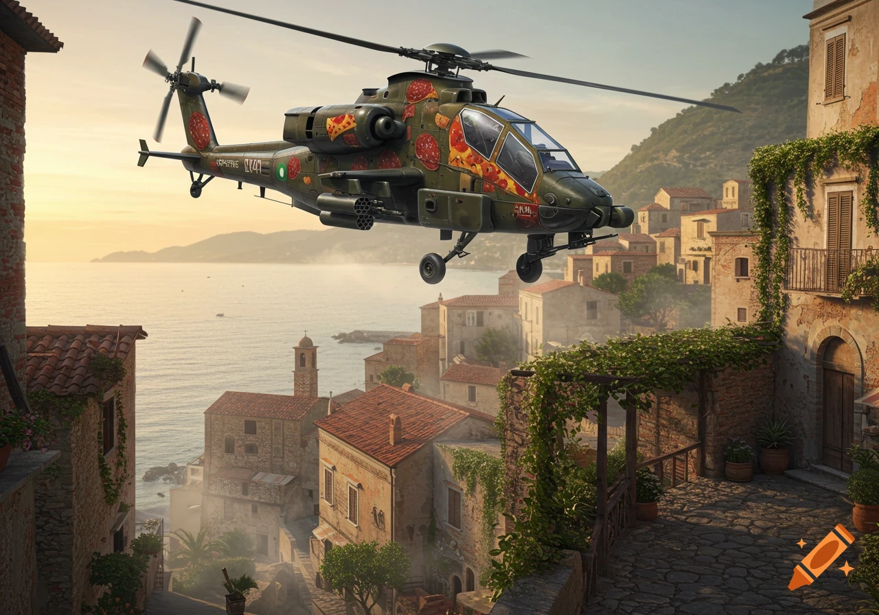 A military attack helicopter, decorated with pepperoni and pizza slices, flies over a coastal Italian village at sunset.