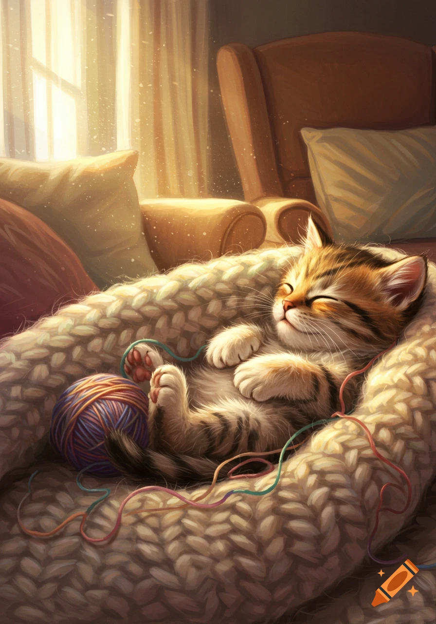 An adorable striped kitten sleeps in a chunky knit blanket with a ball of yarn in warm, sunlit, illustrated style.