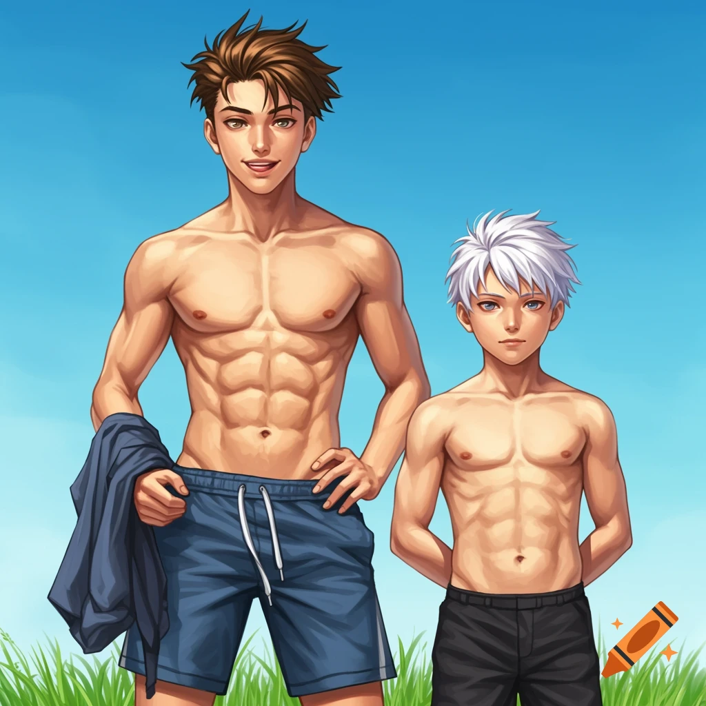 Anime illustration of two shirtless young men with muscular builds standing outdoors under a blue sky.