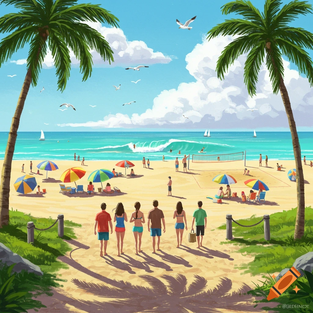Vibrant illustration of a sunny beach scene with people walking towards the ocean, swimming, sunbathing, and playing volleyball. Palm trees frame the view.