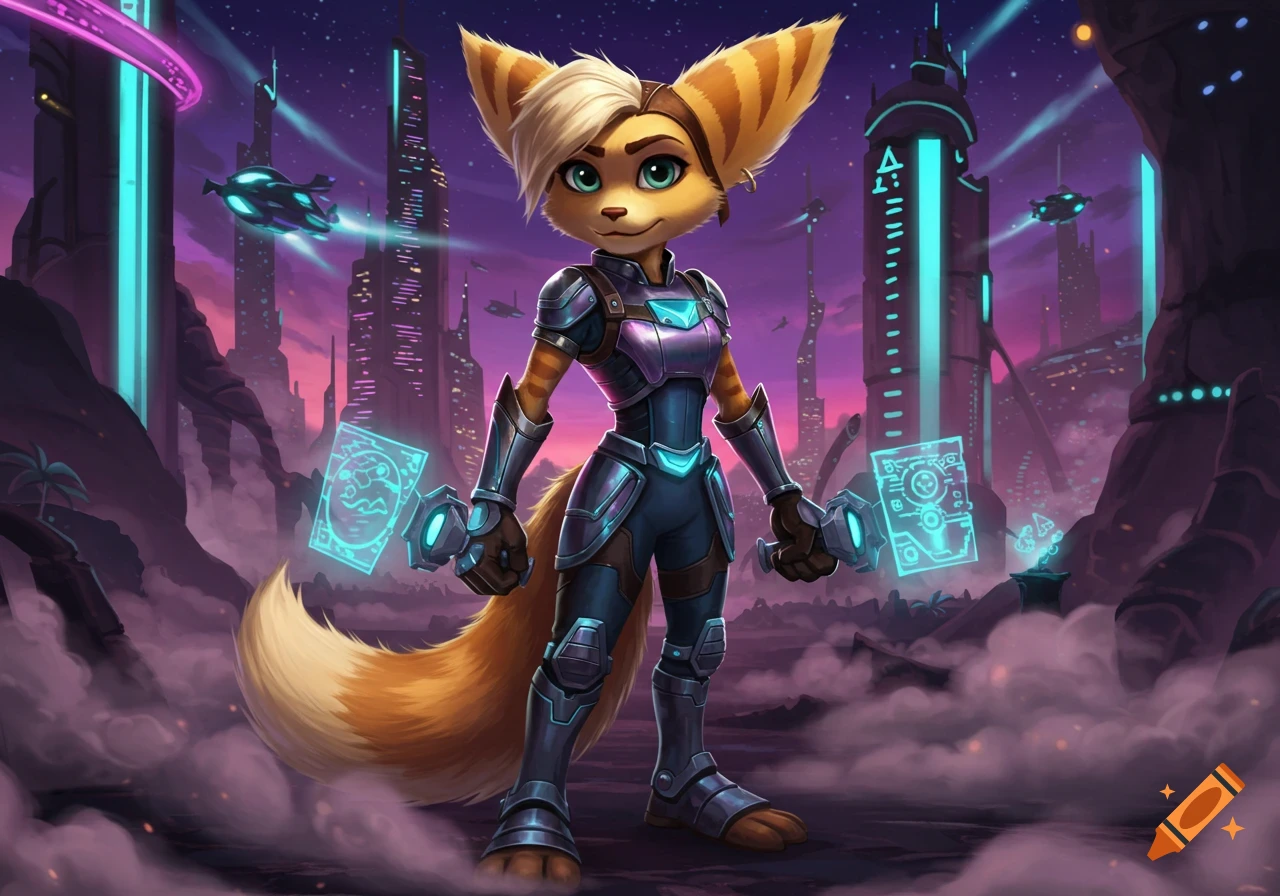 A stylized female Lombax in futuristic armor stands in a glowing sci-fi city, holding two holographic screens.
