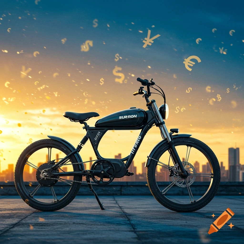 A black Surron electric bike parked on a rooftop at sunset, with golden money symbols (dollars, euro, yen) floating in the sky above a city skyline.