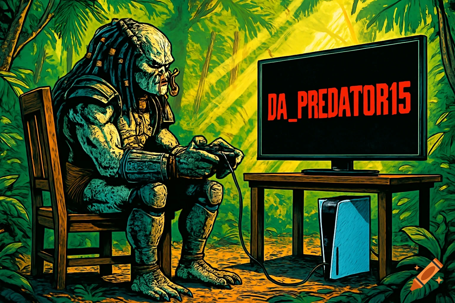 Comic style Predator sits in jungle, playing video games on a TV screen displaying 'DA_PREDATOR15' with a PS5 controller.