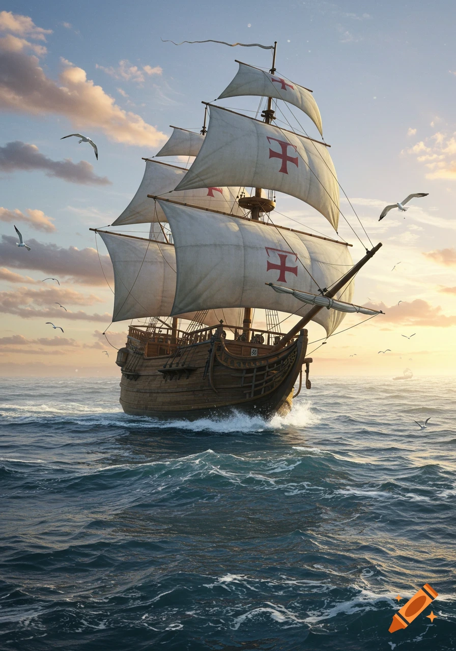 A grand wooden sailing ship with white sails featuring red crosses, cruises on a choppy blue ocean under a partly cloudy sky at sunset. Seagulls fly nearby.