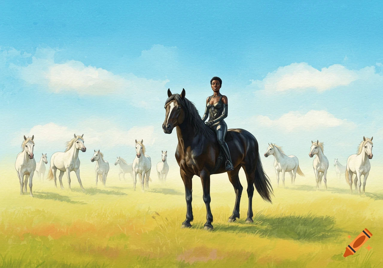 Watercolor image of a Black woman in a leather outfit riding a dark horse in a grassy field with white horses.