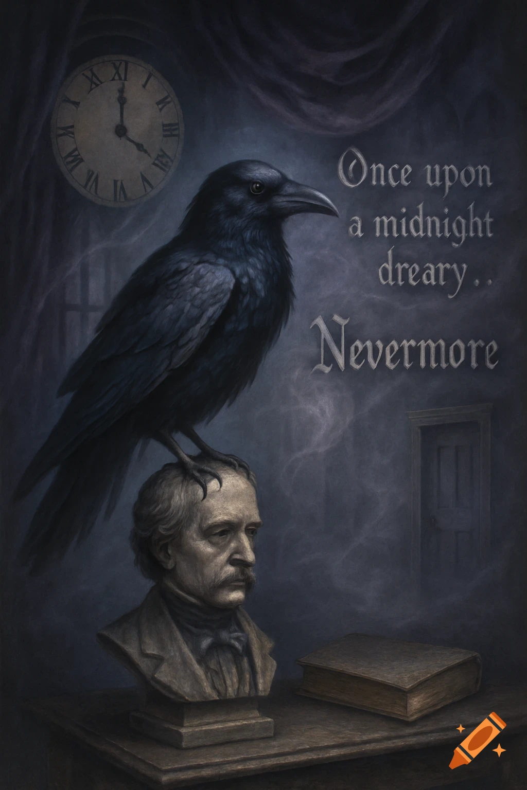 A dark raven sits on a bust of a man with a mustache. In the dark, misty background are a clock and a door. Text reads 'Once upon a midnight dreary.. Nevermore'. Gothic art style.