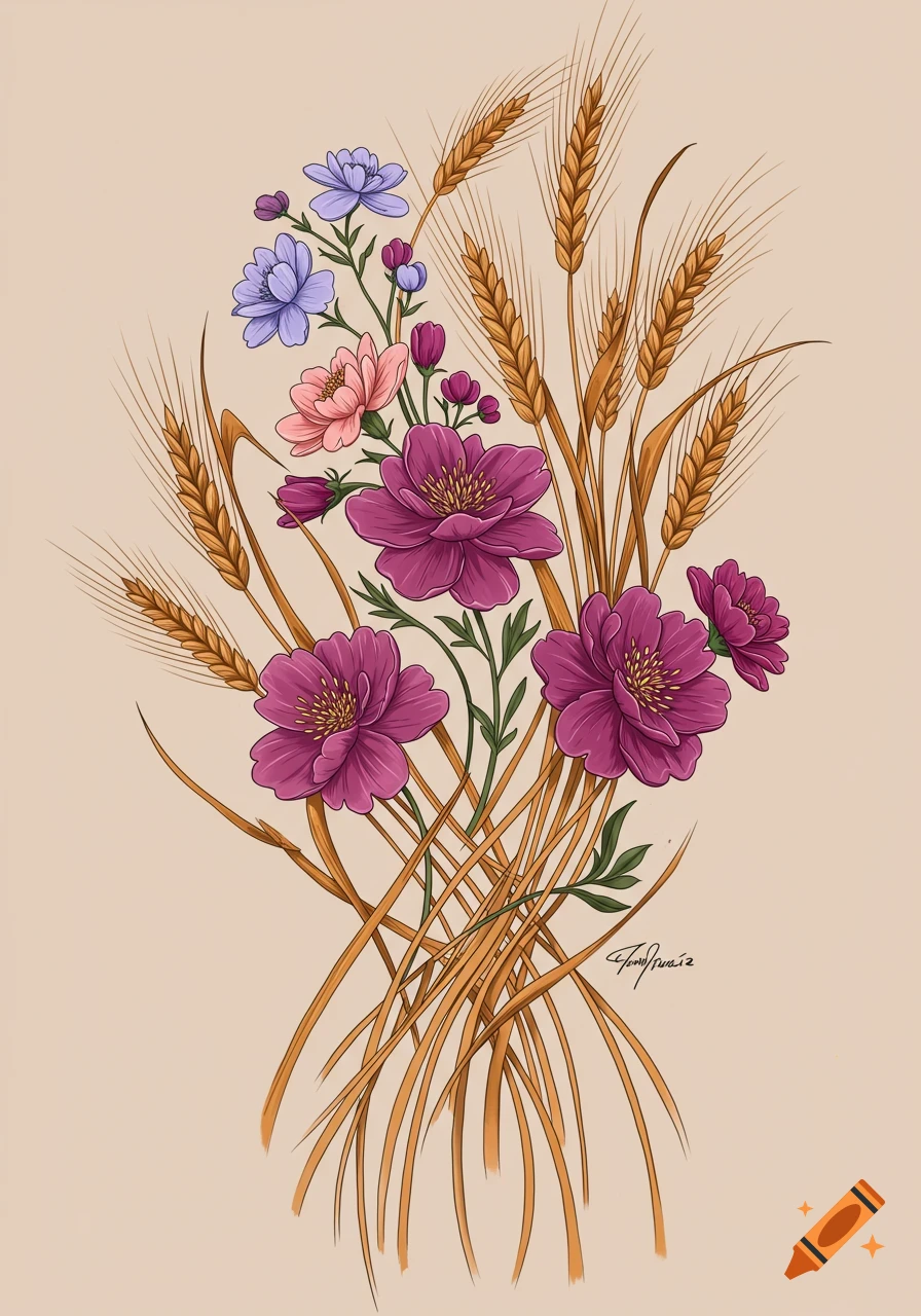 Stylized illustration of purple, pink, and blue flowers mixed with golden wheat stalks on a light background.