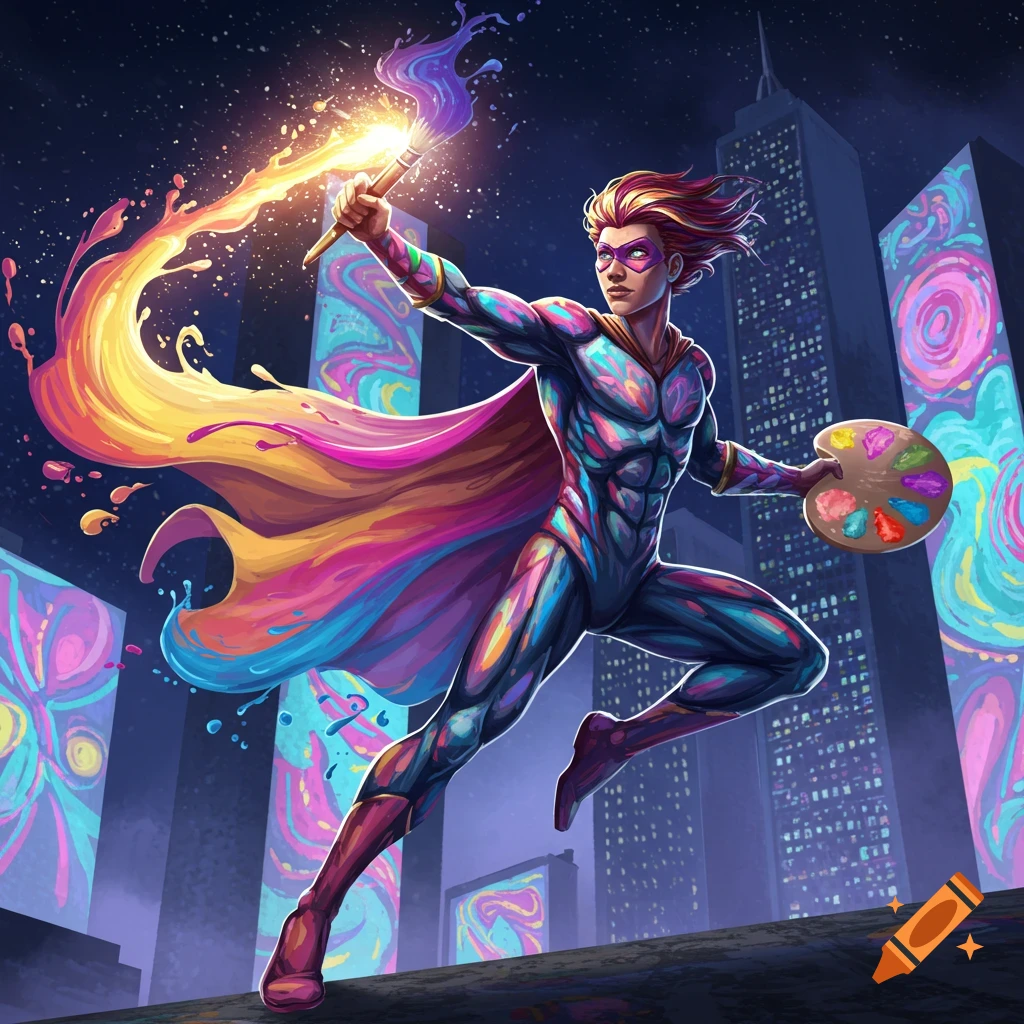 A vibrant, colorful superhero artist leaps across city rooftops at night, wielding a glowing paintbrush and an art palette.