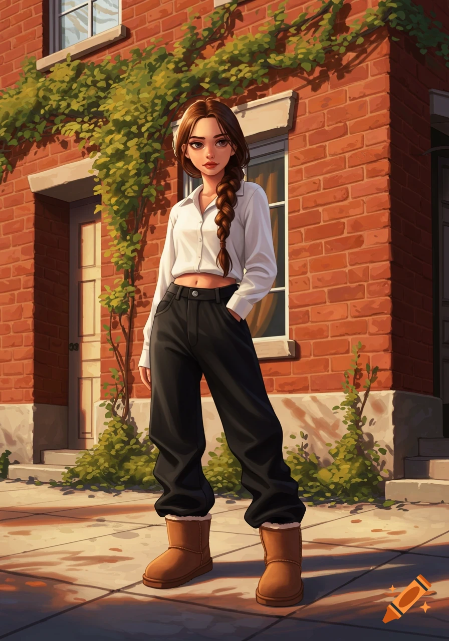 Stylized anime girl with a braid, wearing a white cropped shirt, baggy black jeans, and brown UGGs, stands seriously in front of a red brick house.