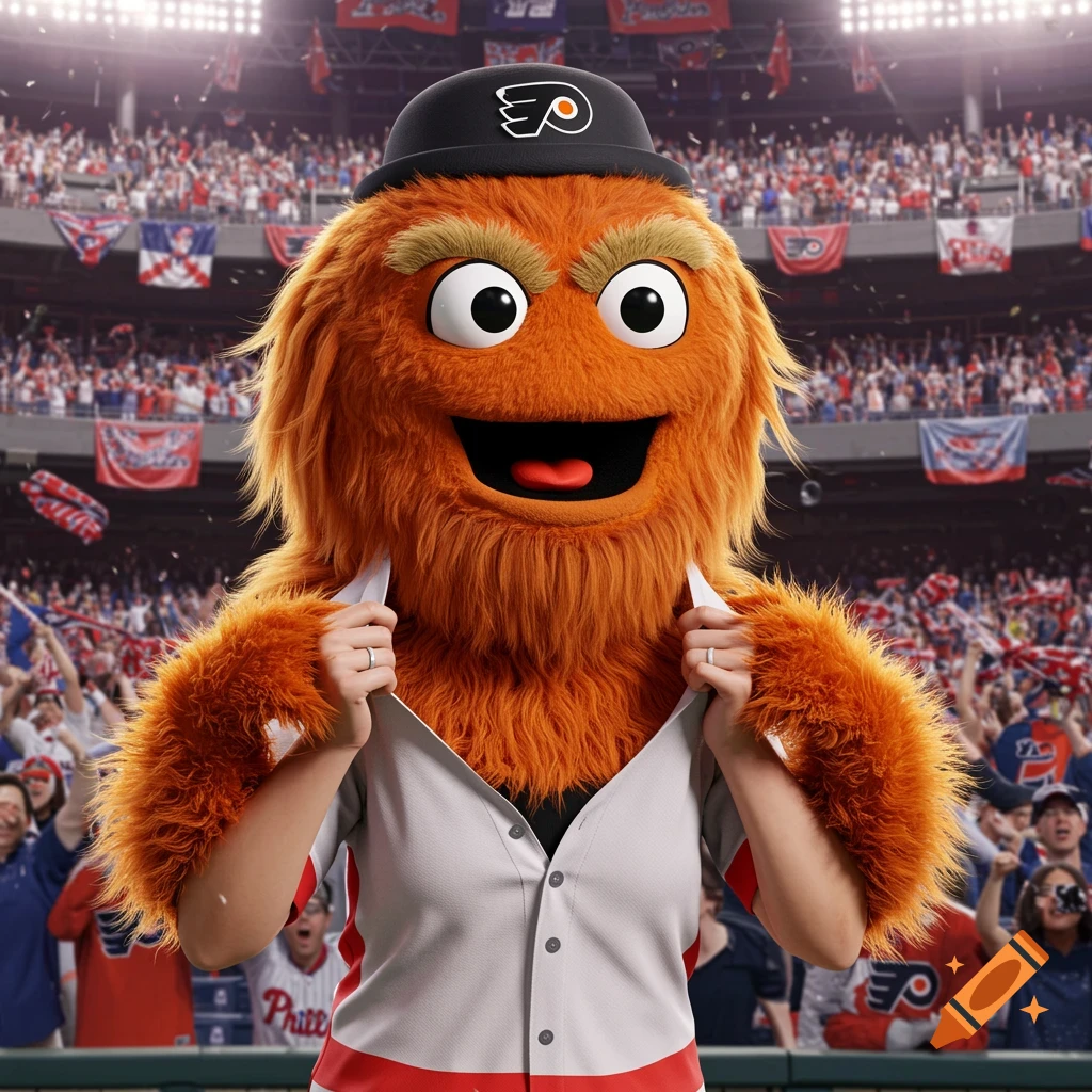 Gritty, the orange furry Philadelphia Flyers mascot, in a packed baseball stadium, pulls open a white and red baseball jersey to reveal his fur.