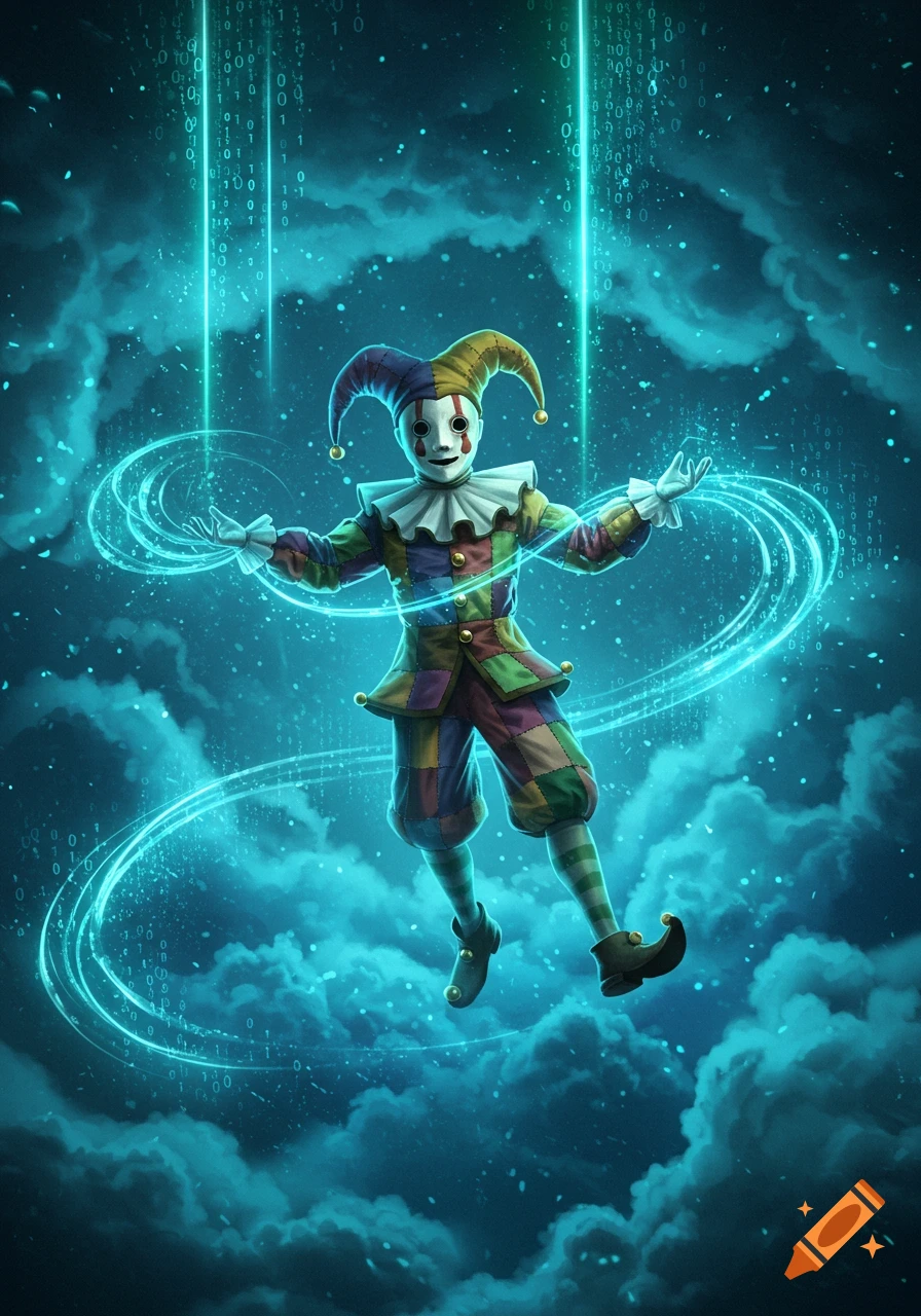 A colorful jester floats amidst swirling blue energy and glowing binary code streams against a dark, cloudy background.