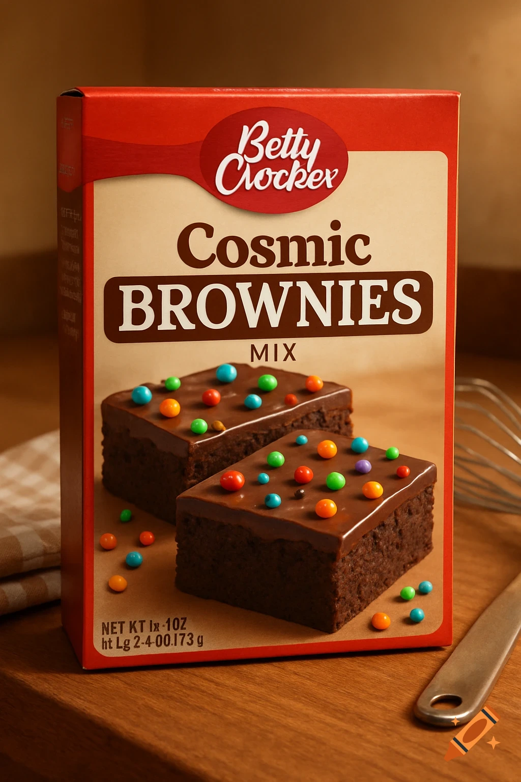 A red Betty Crocker Cosmic Brownies Mix box stands on a wooden surface next to two frosted brownies with colorful candy sprinkles.