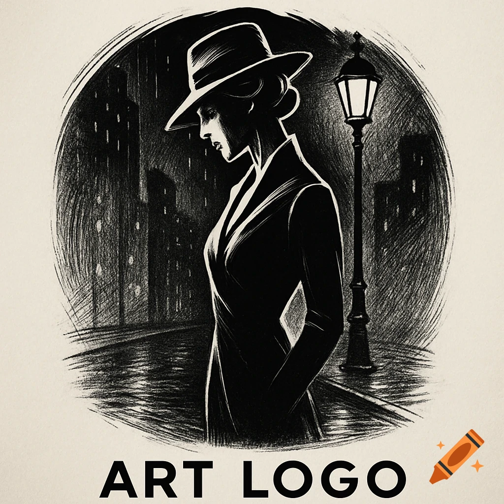 A black and white noir sketch of a mysterious woman in a fedora by a lamppost in a city at night, with 'ART LOGO' text.
