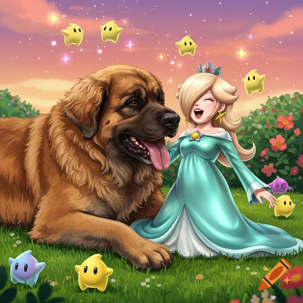 A Leonberger dog lies next to Rosalina from Super Mario, who smiles at it in a grassy field with floating star-like creatures under a pastel sky.