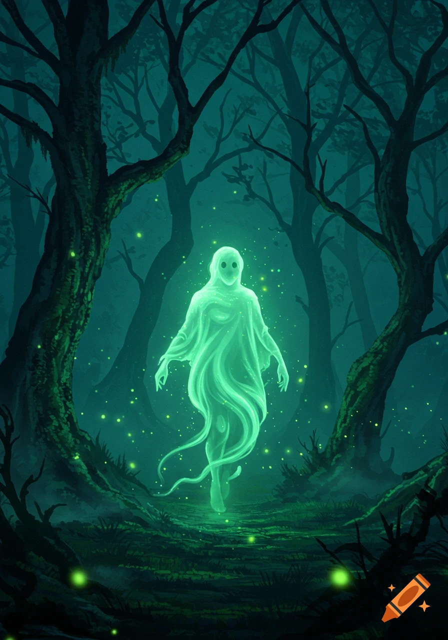 A bright green ghost with empty eye sockets floats amidst dark trees and glowing specks in a mystical forest illustration.