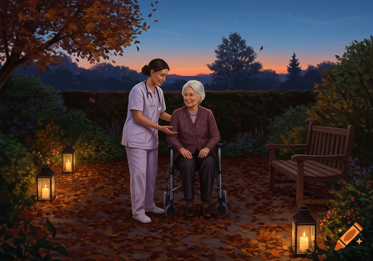 A caregiver in scrubs gently assists an elderly woman in a wheelchair, surrounded by autumn leaves and glowing lanterns in a garden at dusk.