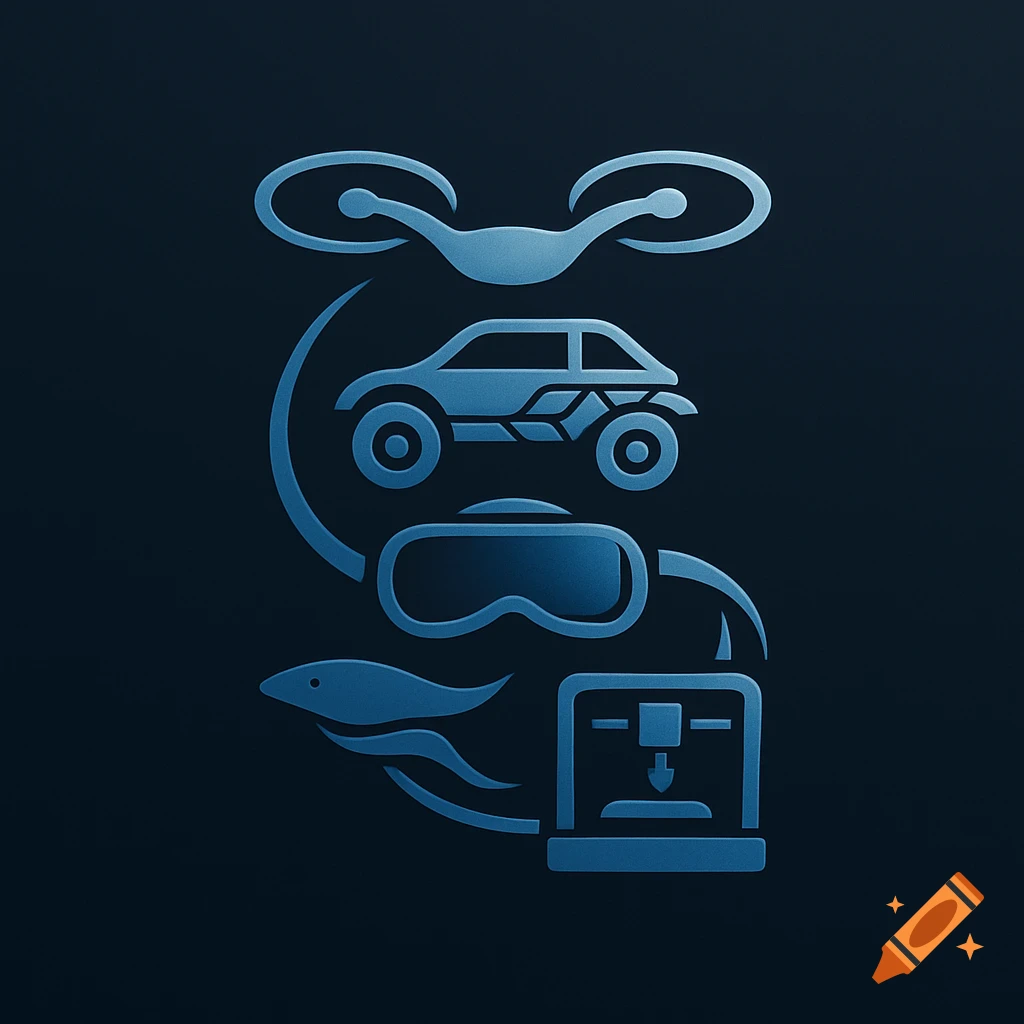 Blue embossed icons of a drone, car, VR headset, sea drone, and 3D printer on a dark background.