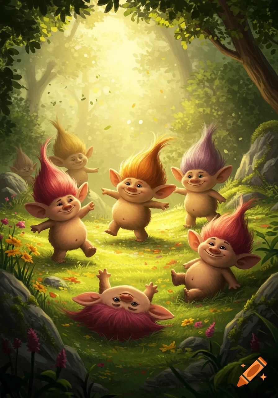 Cheerful, colorful trolls with spiky hair playing and lounging in a sunlit forest, cartoon style.
