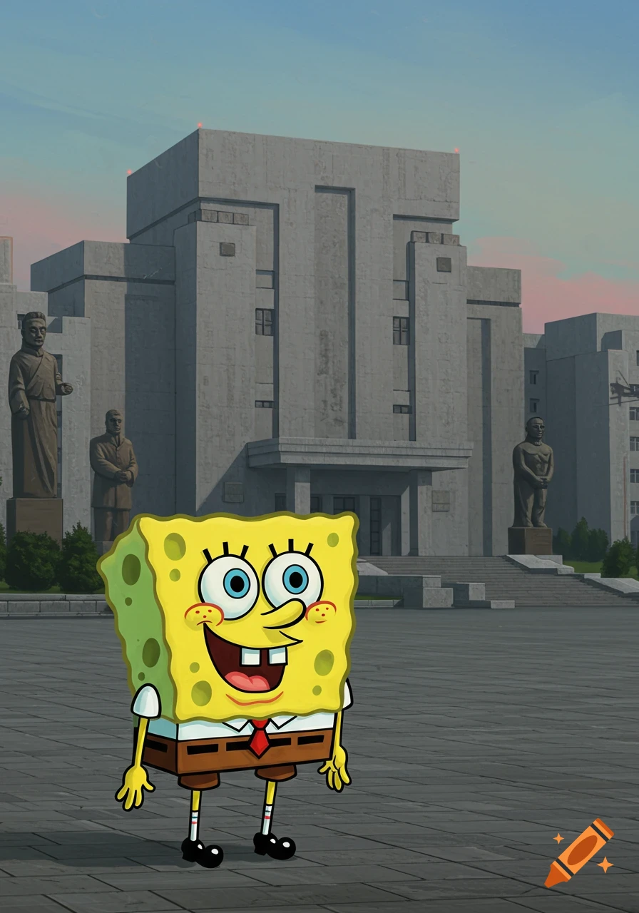 Spongebob Squarepants stands smiling in front of a large, grey brutalist building with statues.