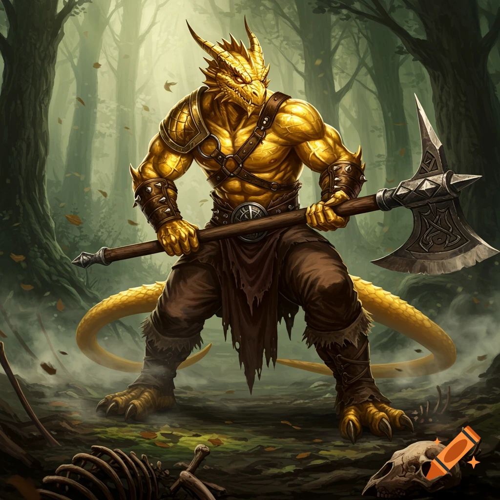 A muscular golden Dragonborn barbarian in a forest, holding a large battle axe, with skeletal remains on the ground.