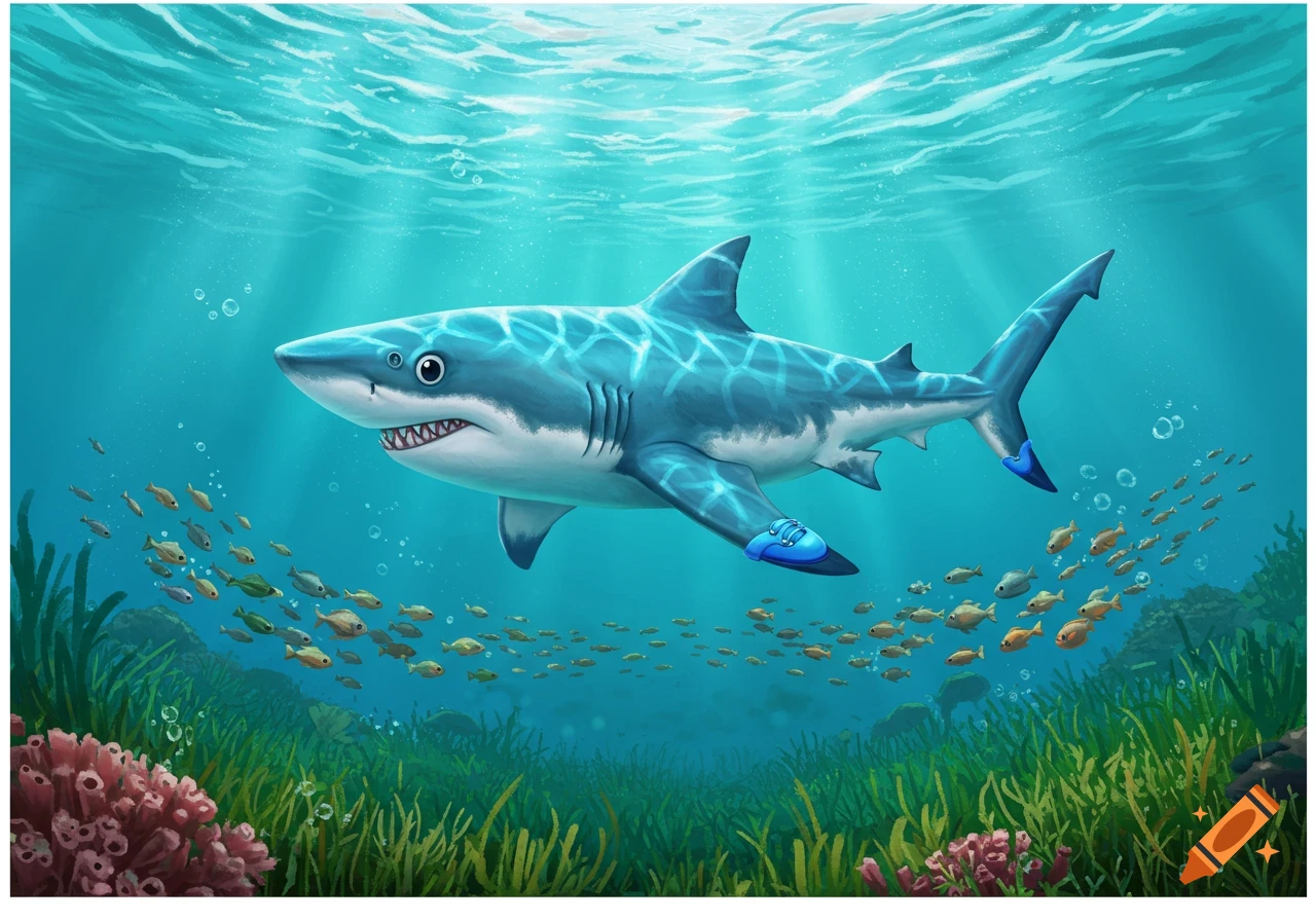 Cartoon shark wearing blue shoes swims underwater with fish and coral.