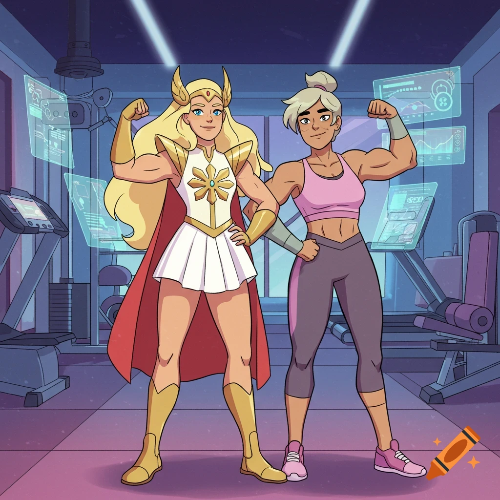 Cartoon She-Ra and another woman flex their muscles confidently in a gym, with fitness equipment and holographic screens in the background.
