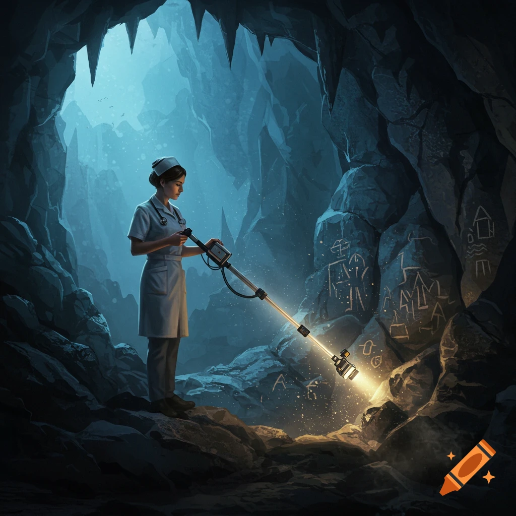 A nurse explores a dimly lit cave, scanning the rocky walls with a luminous, metal-detector-like device illuminating ancient carvings.