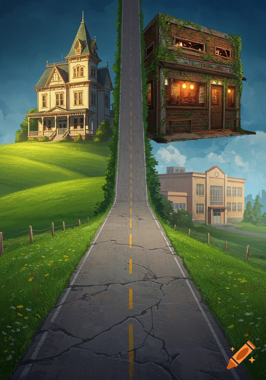 A stylized landscape with a cracked road leading to a Victorian house, a floating brick bar, and a school building across green hills.