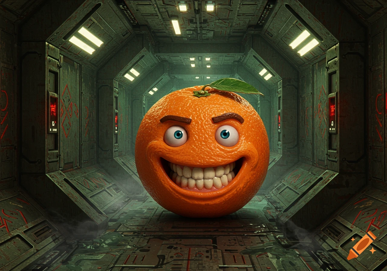 A creepy, wide-smiling Annoying Orange with blue eyes in a dark, metallic sci-fi corridor with red symbols on the walls.