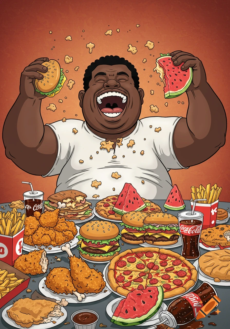 A cheerful, very large cartoon man laughing and eating a burger and watermelon, sitting at a messy table laden with fast food like fried chicken, pizza, and soda.