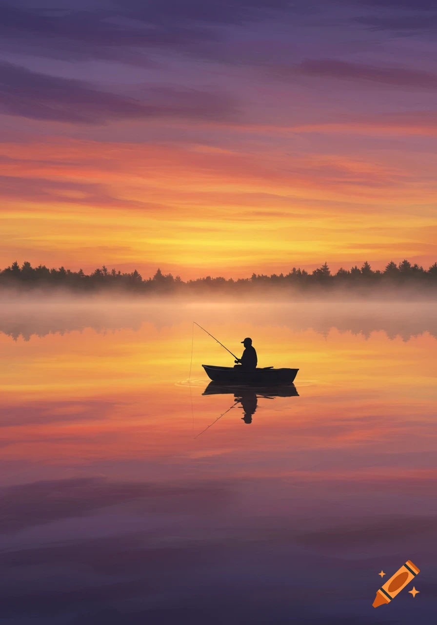 Silhouette of a man fishing from a boat on a calm lake, under a vibrant orange and purple sunset sky reflected on the water.