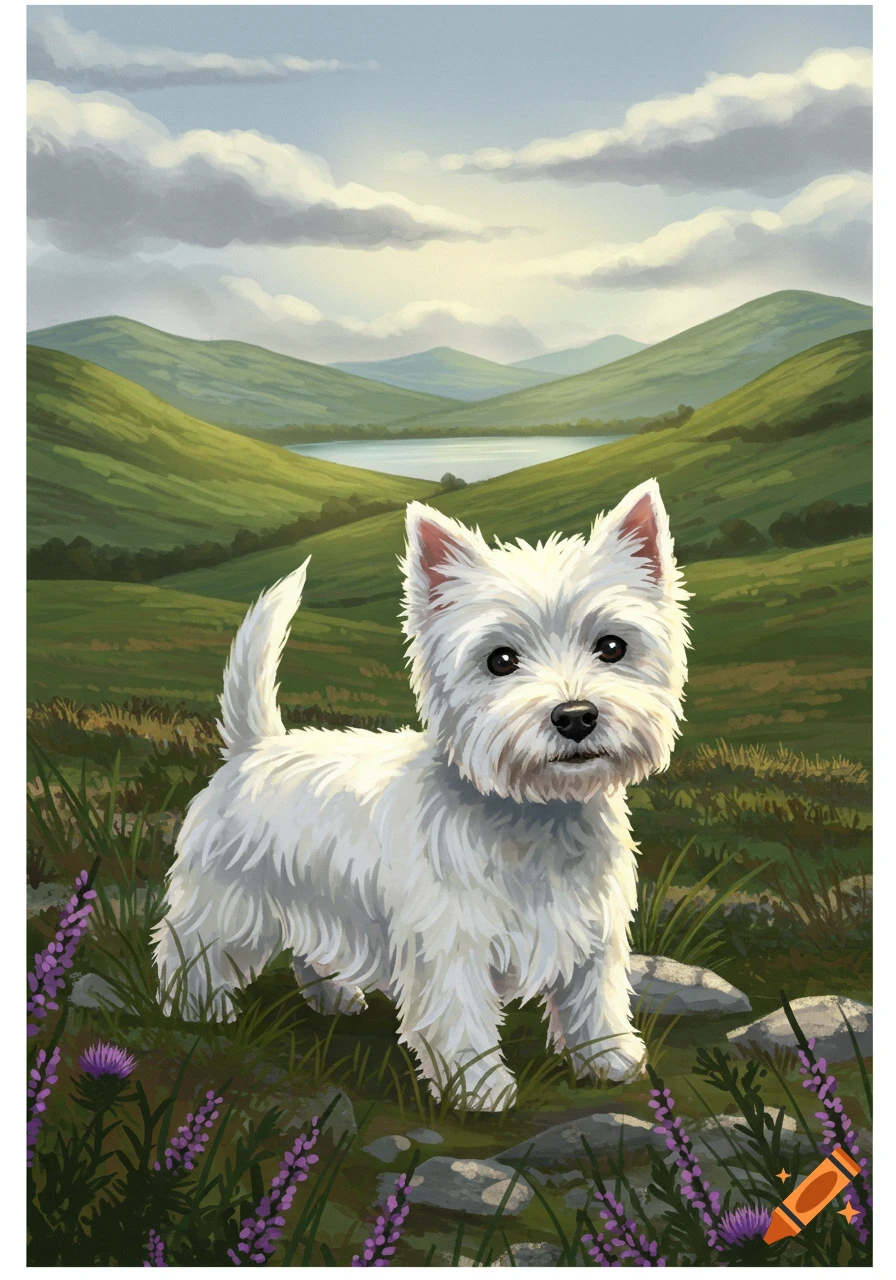 An illustrated white Westie dog stands in a lush green highland landscape with purple flowers and a lake under a cloudy sky.