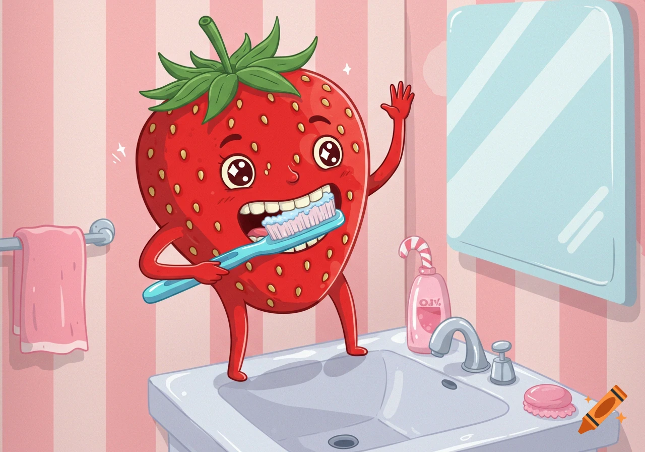 A cartoon strawberry with arms and legs brushes its teeth at a bathroom sink, waving with one hand.
