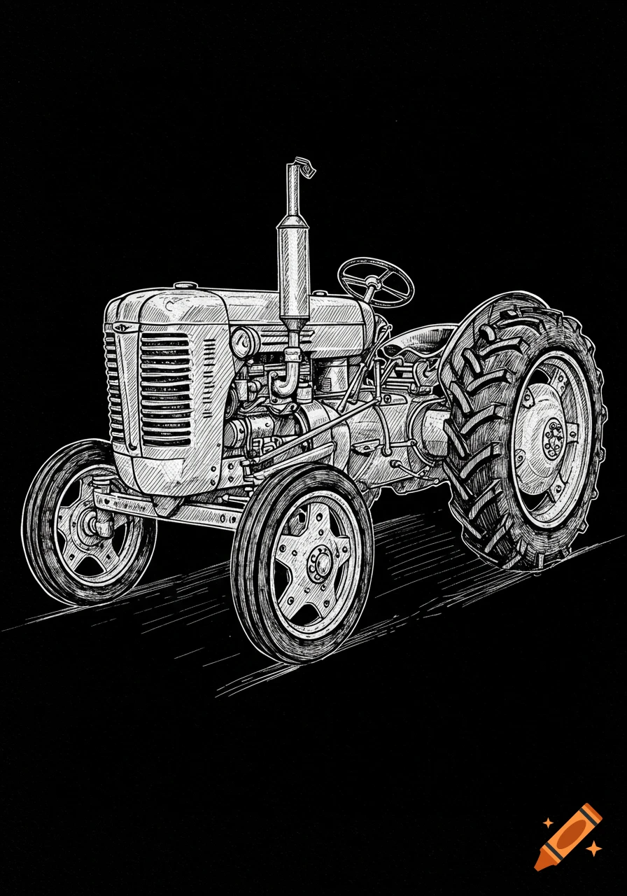 Detailed white ink sketch of an old tractor on a black background, with engine details and large tires, in a hand-drawn style.