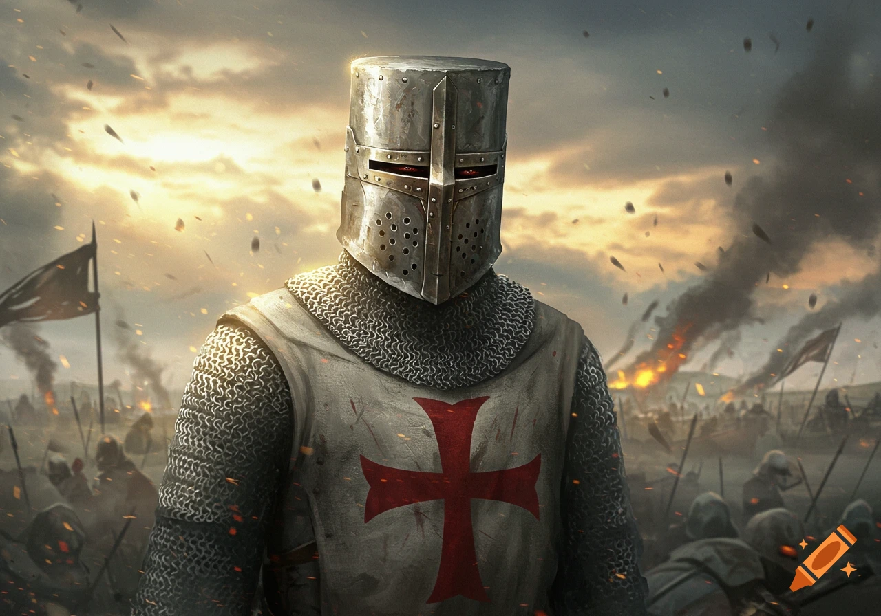 A crusader in a square helmet and chainmail with a red cross stands on a battle-scarred field under a dramatic sky.