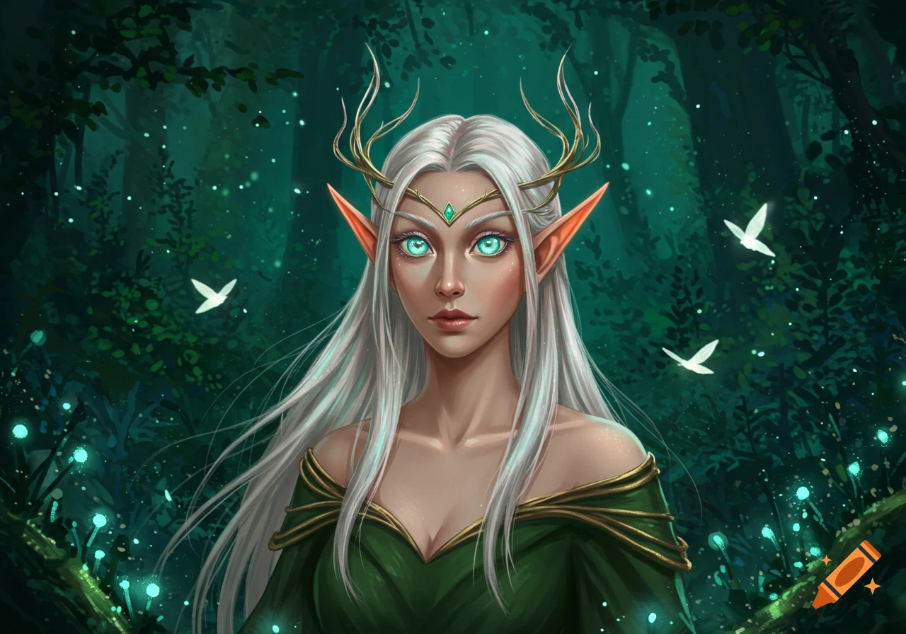 A fantasy portrait of an elf with glowing turquoise eyes and long white hair, wearing a green dress, in a magical forest.