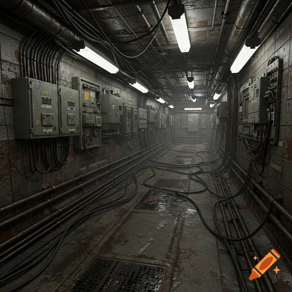 A dark, rusty industrial corridor lined with pipes, wires, and control panels, lit by fluorescent lights, in a photorealistic style.