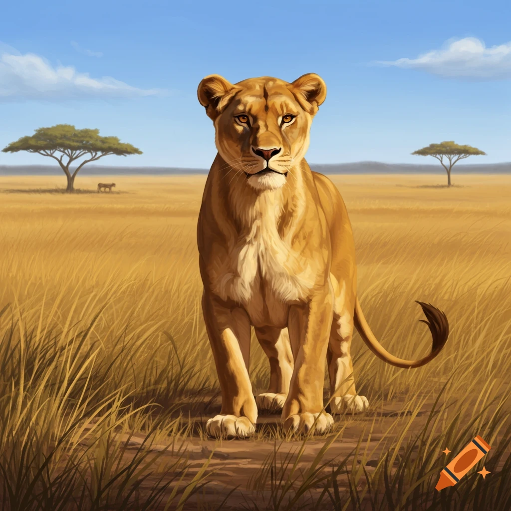 A majestic lioness stands in tall golden grass in a sunlit savanna with acacia trees under a blue sky.