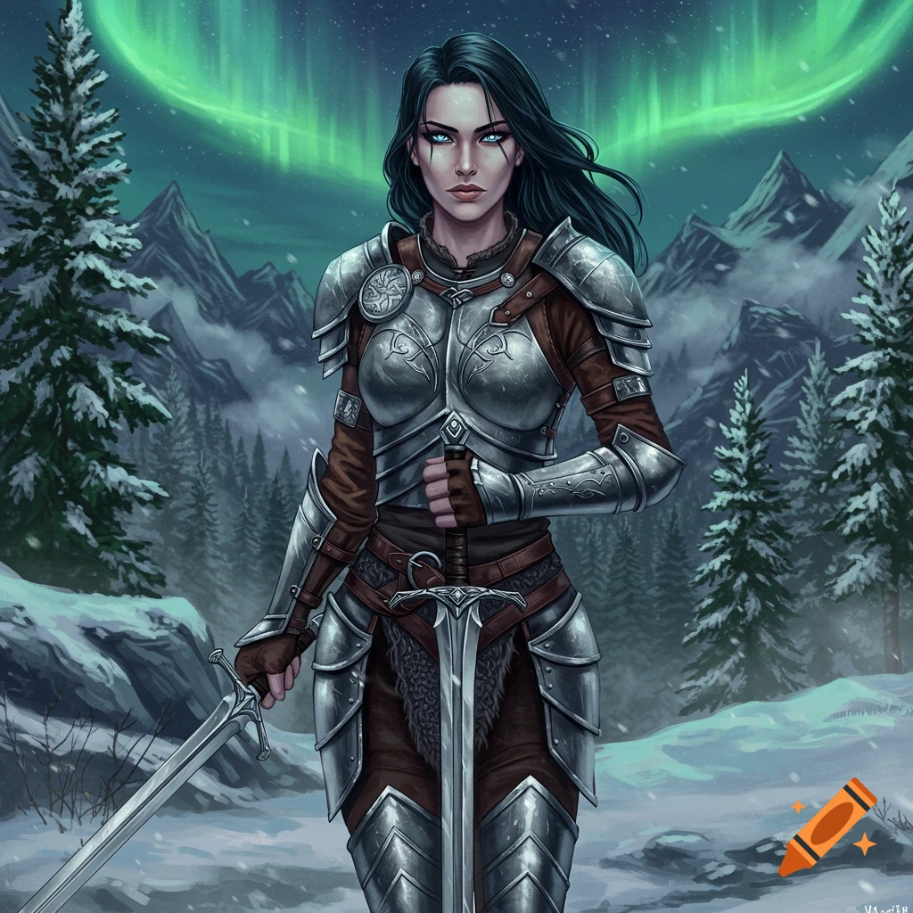 Digital painting of a female warrior in silver armor holding two swords, standing in a snowy mountain forest under the aurora borealis.