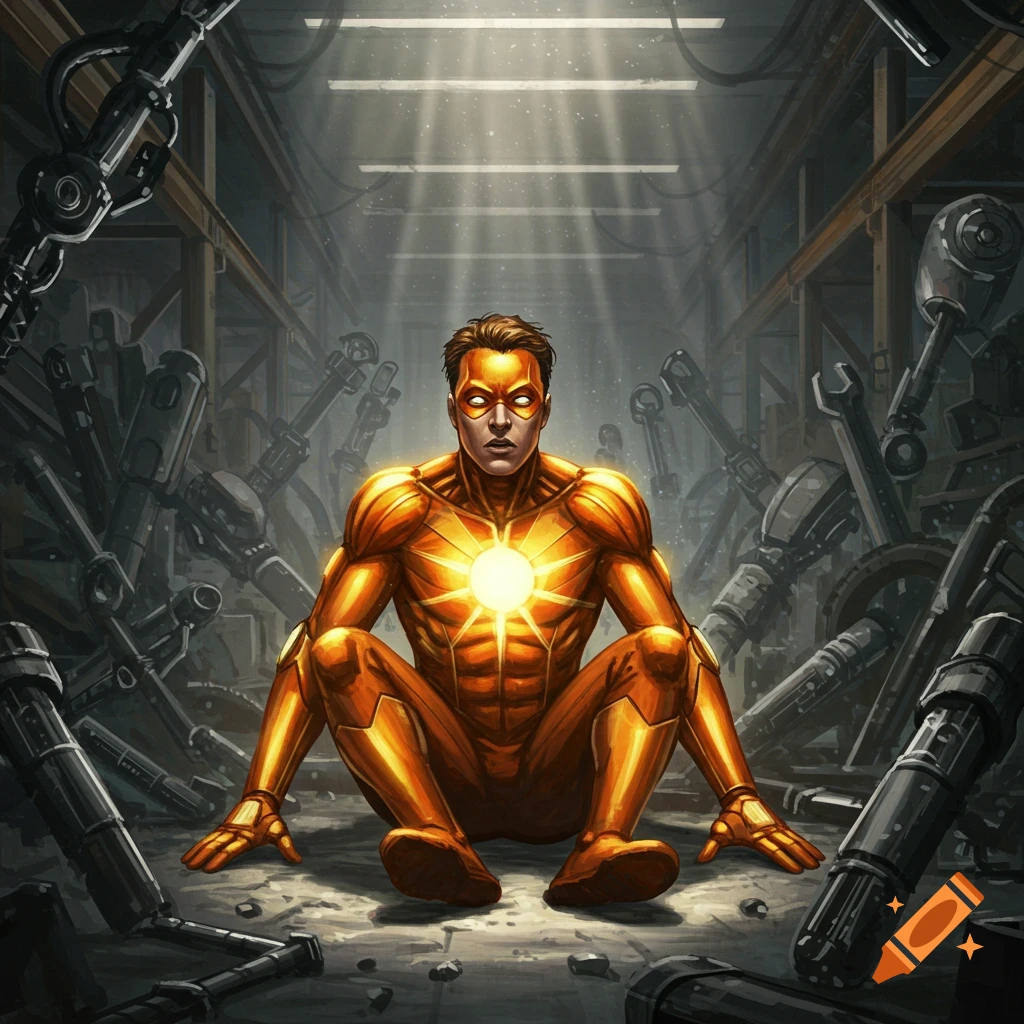 A comic art illustration of a superhero in a glowing orange and yellow sun suit and domino mask, sitting among mechanical tools in a dark warehouse.