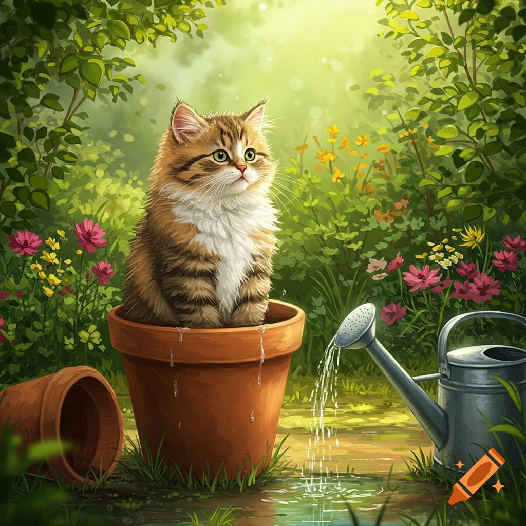 A fluffy tabby cat sits in a terracotta pot in a lush, green garden with colorful flowers, being watered by a watering can.