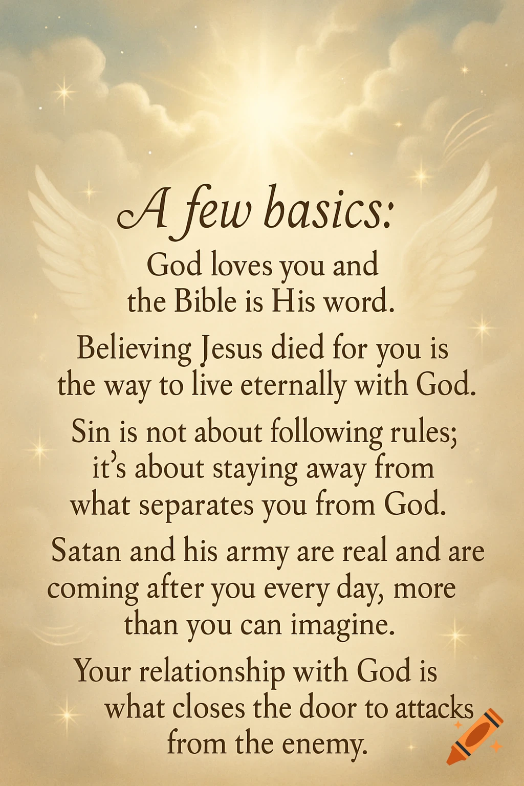 An inspirational graphic design with brown cursive text on a background of golden clouds and light with ethereal angel wings. The text reads 'A few basics:' followed by Christian teachings.