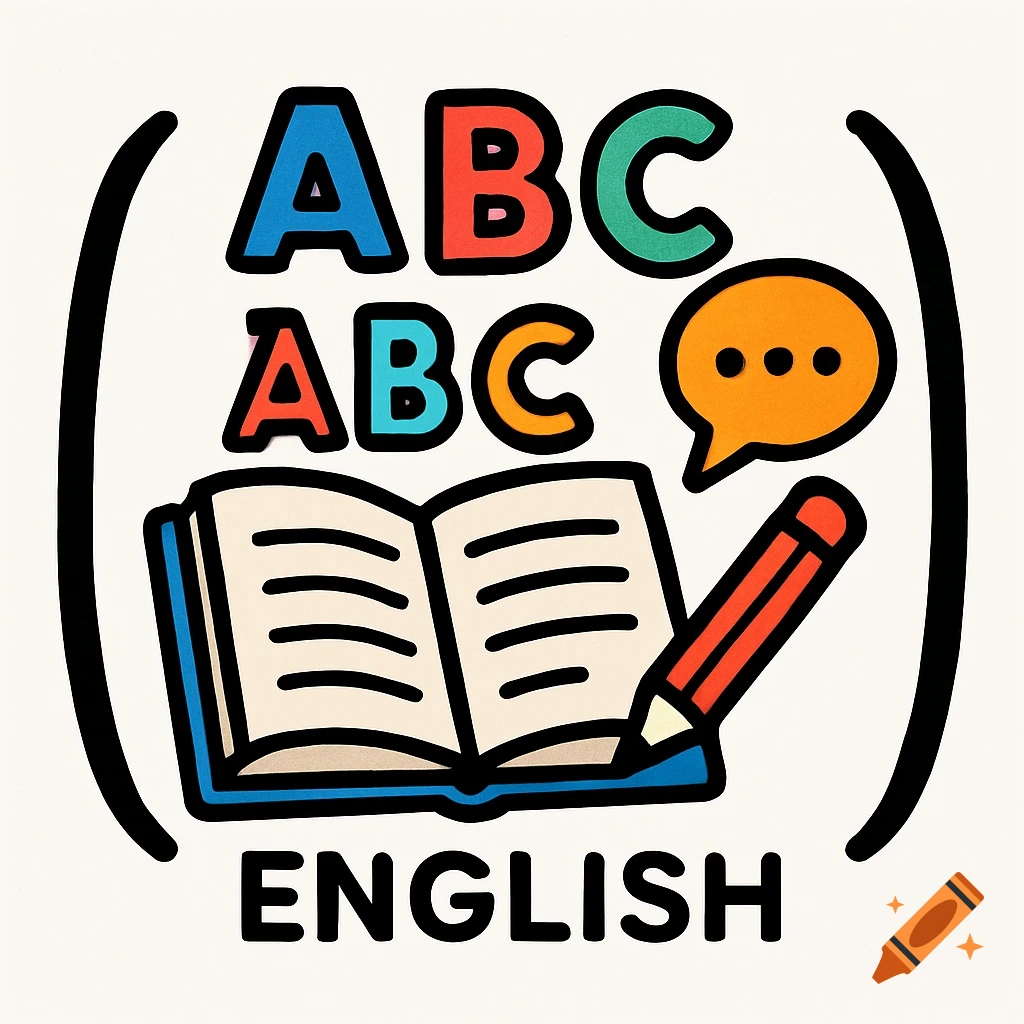 A colorful, flat digital illustration of an open book, a red pencil, a speech bubble, and the letters 'ABC' and 'ENGLISH', all enclosed in black parentheses.