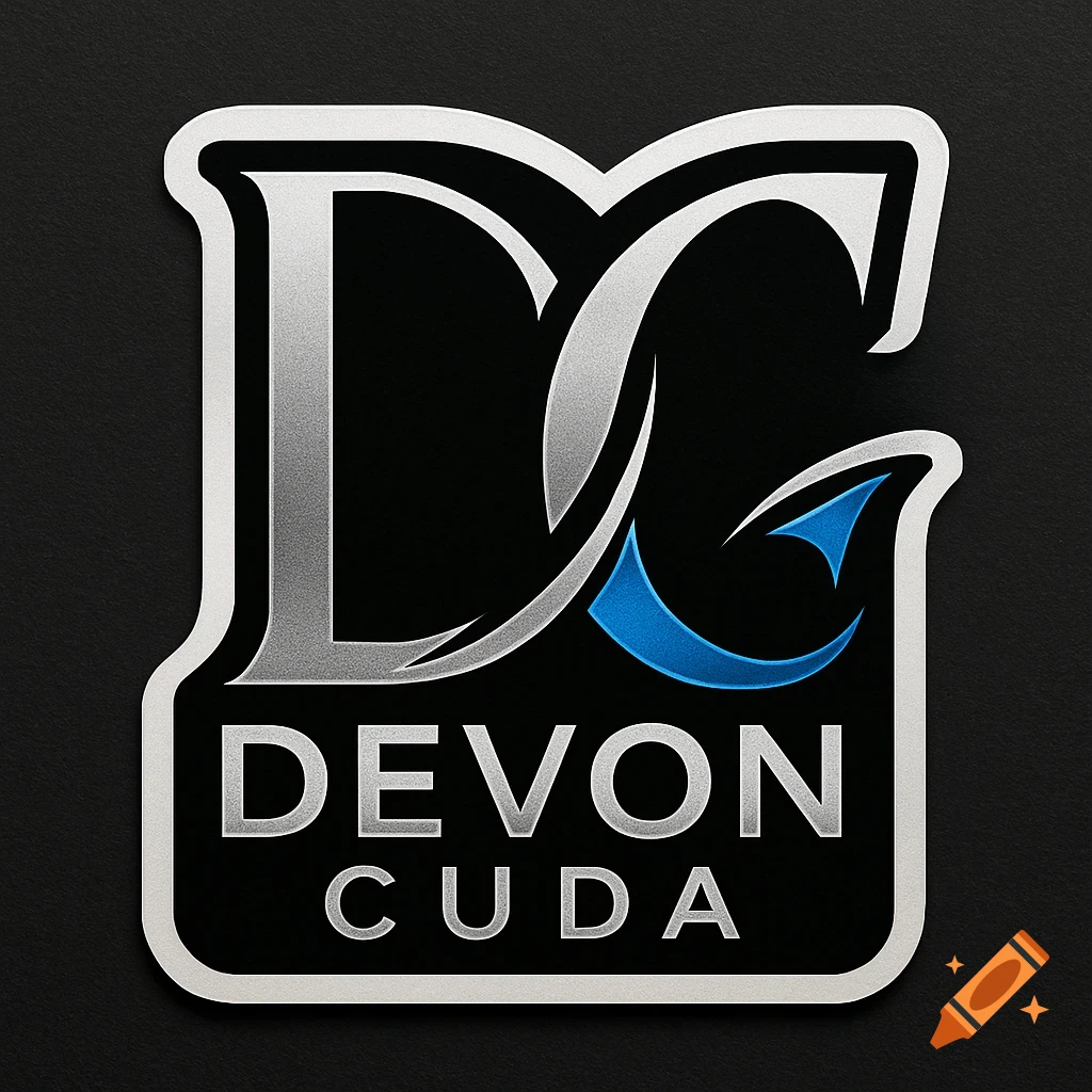 Metallic silver and black logo featuring stylized initials 'DC' with a blue accent, above the text 'DEVON CUDA' in a bold font.