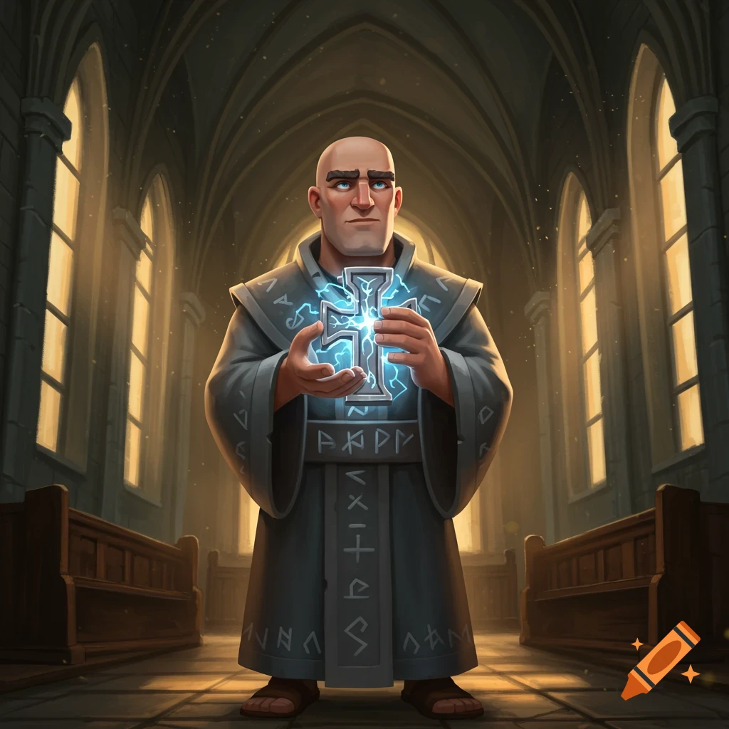 A bald, cartoon-style wizard in a grey robe with runic patterns stands in a church, holding a glowing cross with blue lightning.