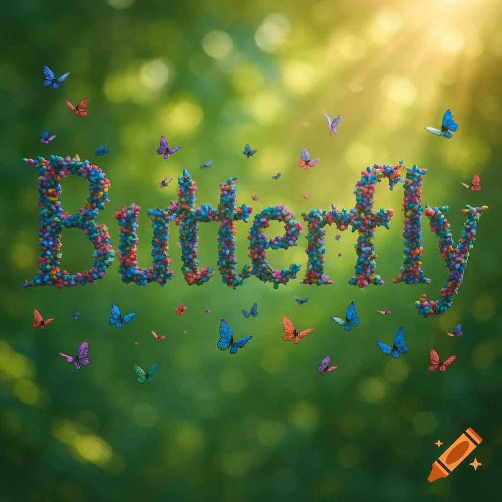 The word Butterfly spelled out with many small, colorful butterflies against a blurry green background with sunlight.