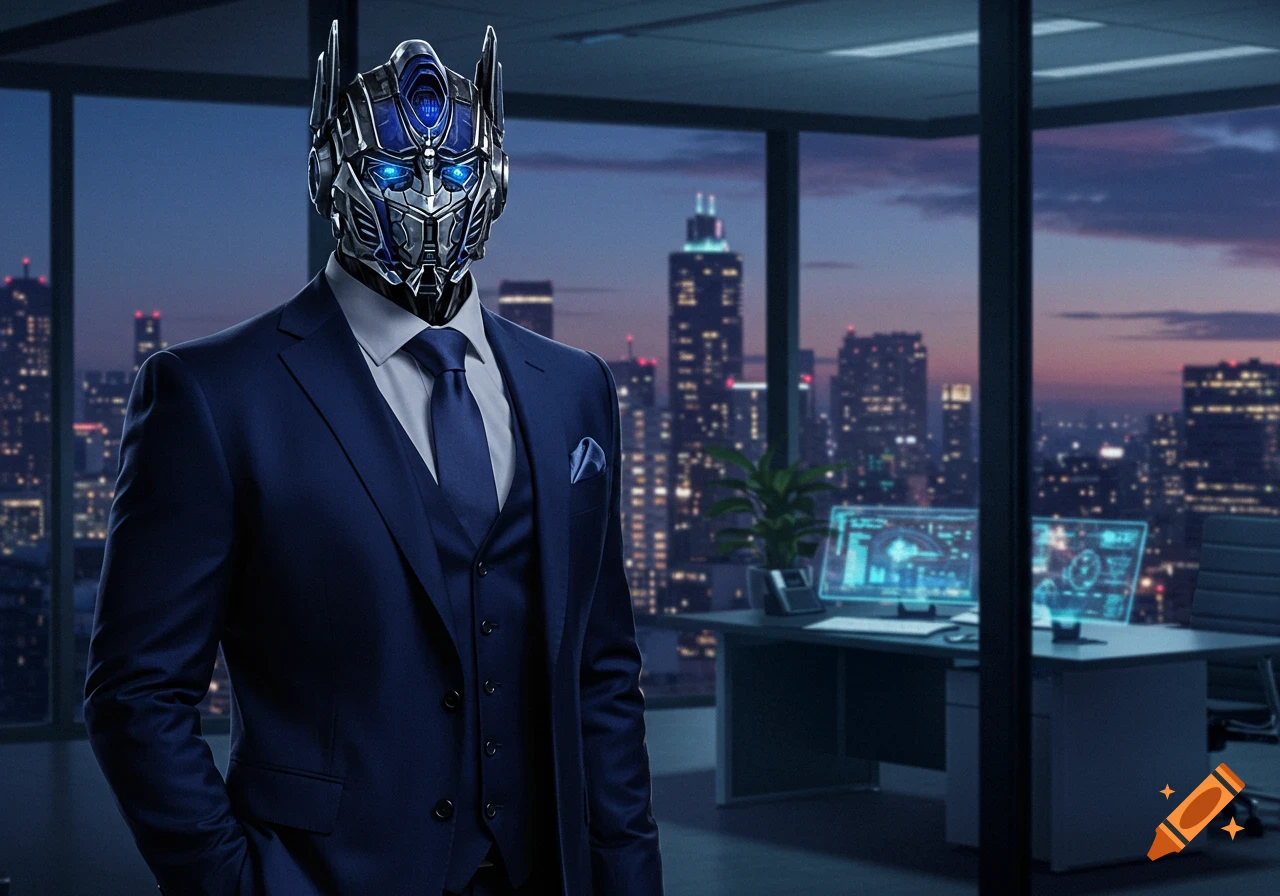 Optimus Prime in a sleek blue suit and tie stands in a modern office with a city skyline visible through large windows at dusk.